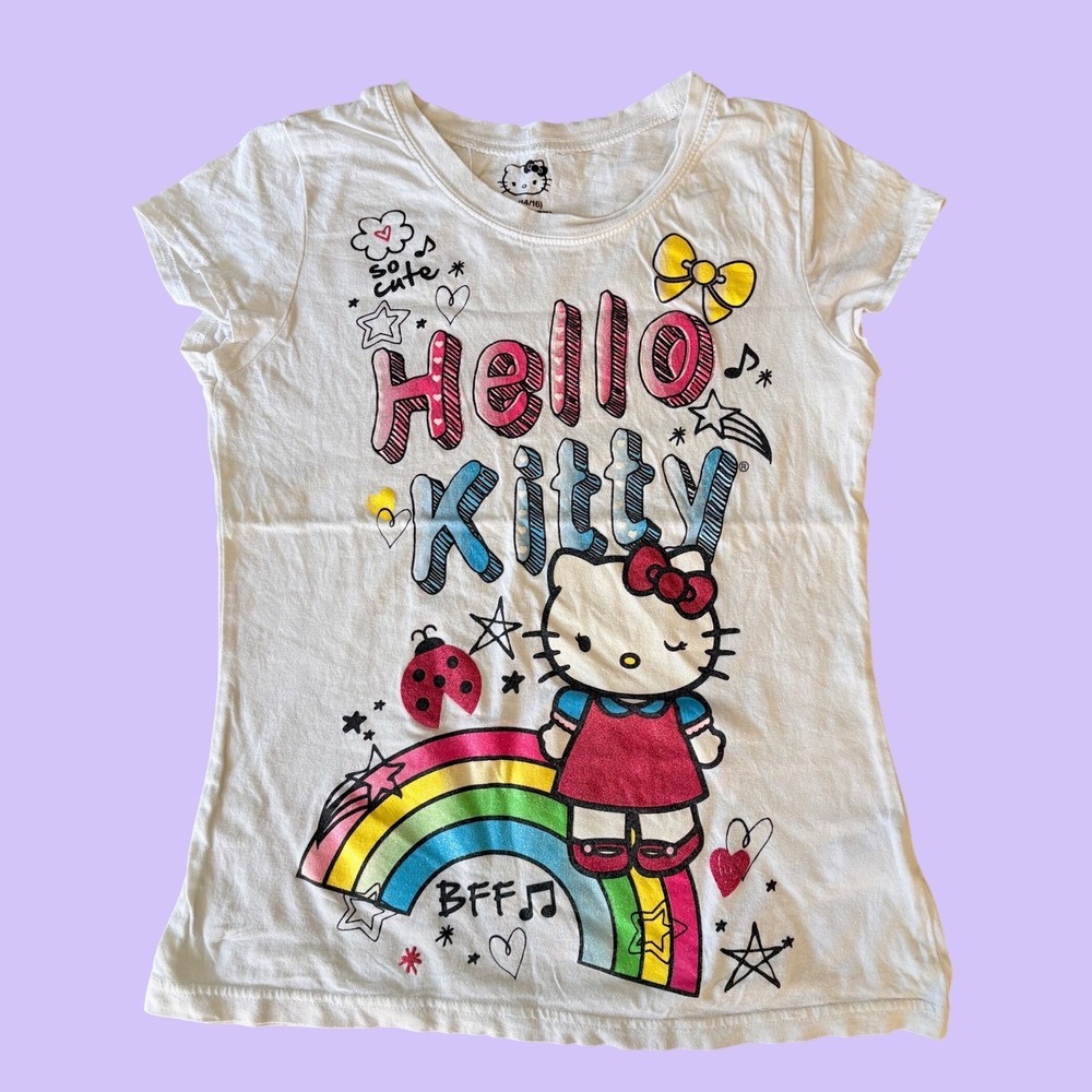 Y2K Hello Kitty Sanrio Graphic T-Shirt Rainbow Baby Tee Glitter Scene #18